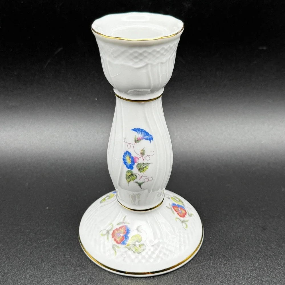 Hollohaza Hungary Hajnalka Porcelain Candlestick Floral Gold Trim Cottagecore